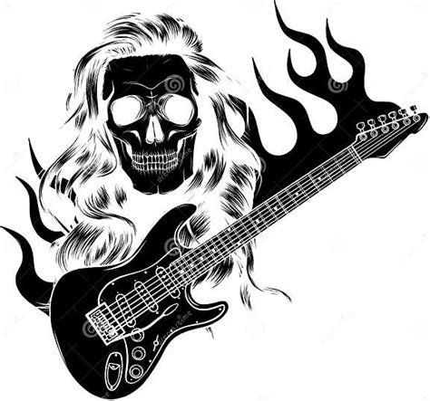 Rockstar Skull With Trendy Hairstyle And Crossed Electric Guitars In Vintage Monochrome Style