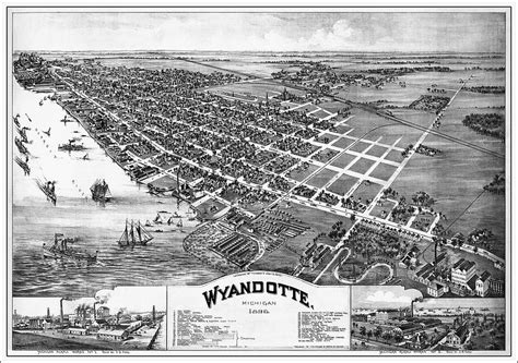 Wyandotte Michigan Vintage Map Birds Eye View Black And White