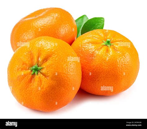 Three Mandarin Fruits With Leaf On White Background Stock Photo Alamy