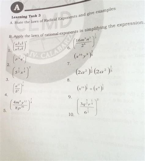 Learning Task 3 B Apply The Laws Of Rational Exponent In Simplifying The Expression Brainlyph