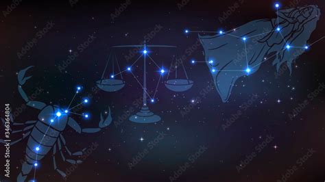 Night starry sky with the zodiac constellations and their images Stock ...