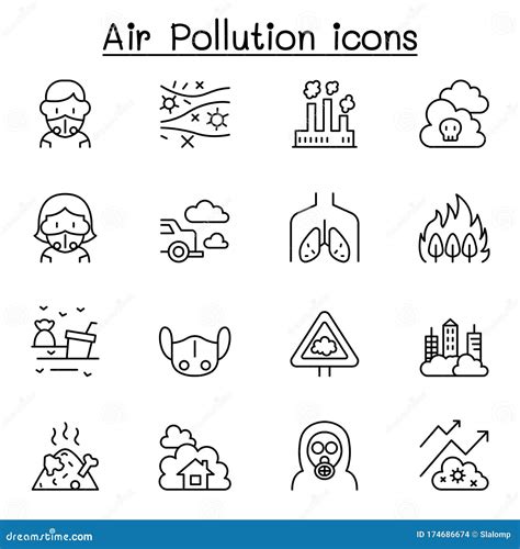 Air Pollution Icon Set In Thin Line Style Stock Vector Illustration