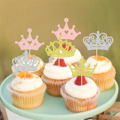 Ercadio 30 Pack Princess Crown Cupcake Toppers Glitter Queen Crown