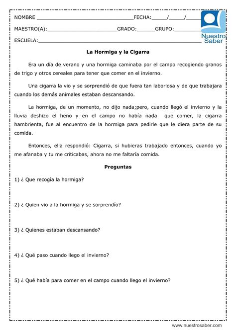 Comprensión lectora La hormiga y la cigarra Segundo grado primaria