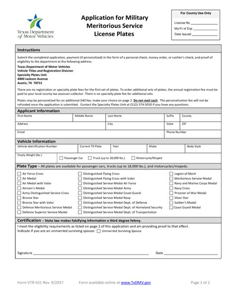 Vtr 421 Application For Military Meritorious Service License Plates