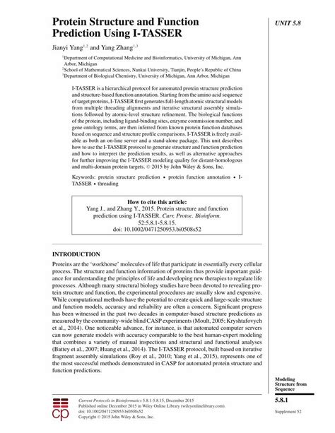 PDF Protein Structure And Function Prediction Using I TASSER