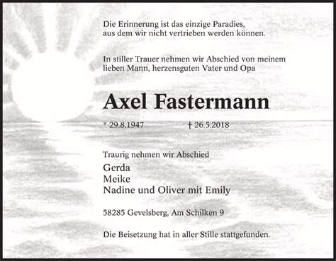 Traueranzeigen Von Axel Fastermann Trauer In NRW De