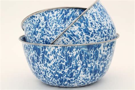 Blue White Enamelware Bowl Set Nesting Mixing Bowls Spatter Ware