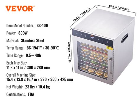 VEVOR Déshydrateur Alimentaire Électrique 10 Plateaux Inox 800 W