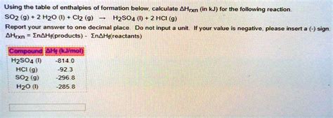 Solved Using The Table Of Enthalpies Of Formation Below Calculate Î