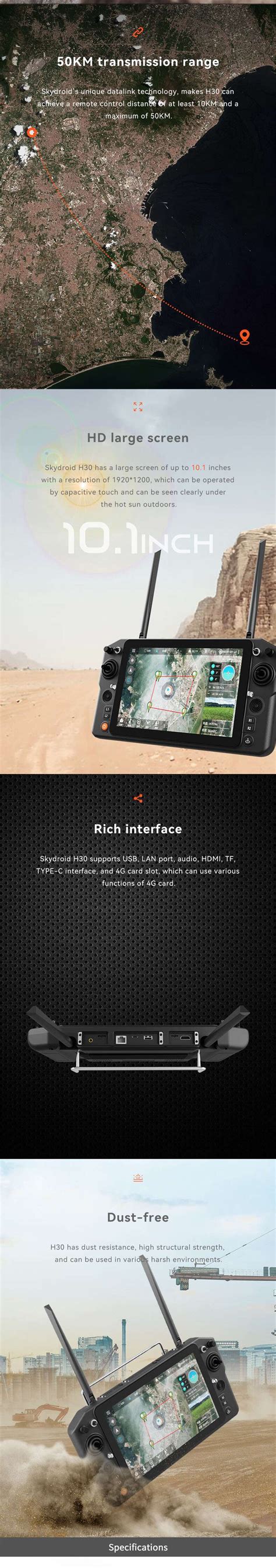 Skydroid H30 50km Range Remote Controller | 10.1-Inch Display, Triple ...