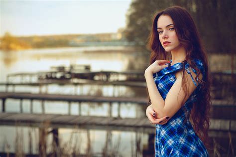 Wallpaper Brunette Women Outdoors Dress Blue Eyes Long Hair Face