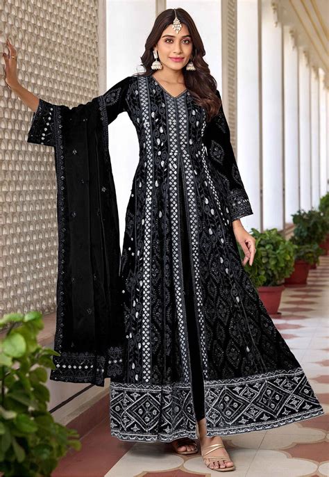 Buy Embroidered Georgette Front Slit Abaya Style Suit In Black Online