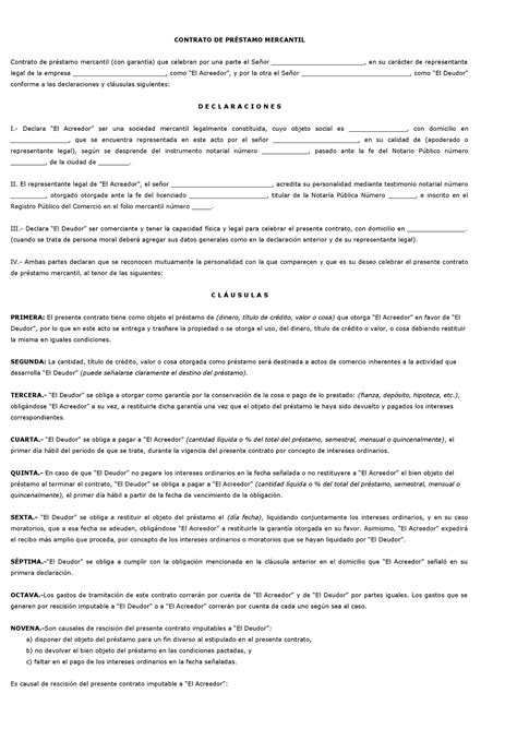 Formato Contrato De Prestamo Mercantil Contrato De PrÉstamo Mercantil Contrato De Préstamo