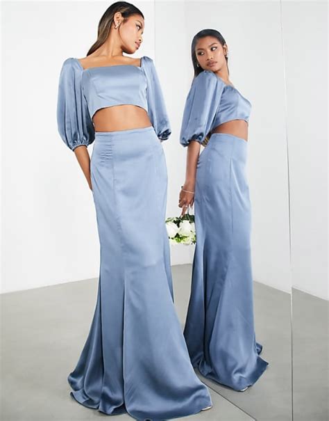 Asos Edition Satin Crop Top And Maxi Skirt Set In Dusky Blue Asos