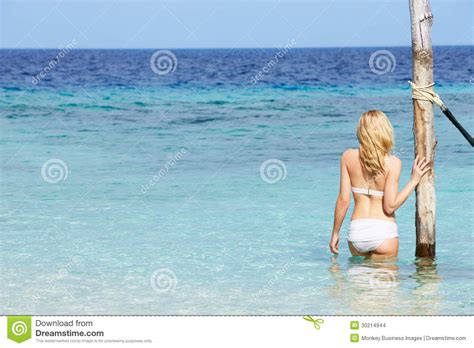 Woman In Bikini Standing In Beautiful Tropical Sea Stock Photo Image Of Space Vacation 30214944