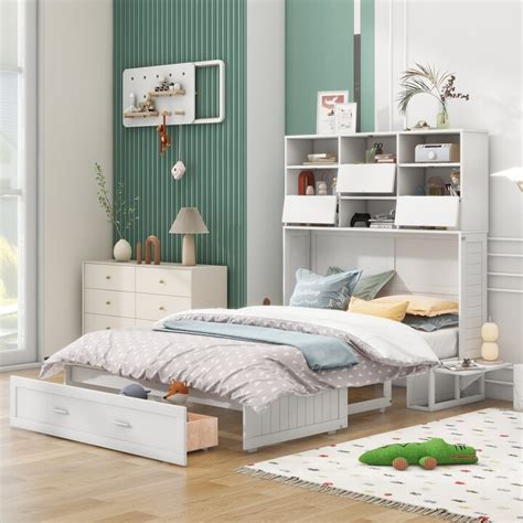 Aoolive Queen Size Murphy Bed with Bookcase, 2 Bedside Shelves and a Big Drawer, Modern White ...