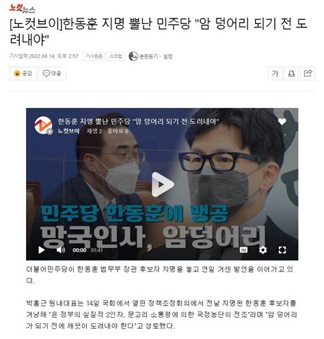 노컷브이 한동훈 지명 뿔난 민주당 암 덩어리 되기 전 도려내야 정치시사 에펨코리아