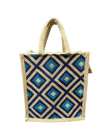 Printed Webbed Handle Jute Shopping Bag Size Dimension 10x6x15 Inch