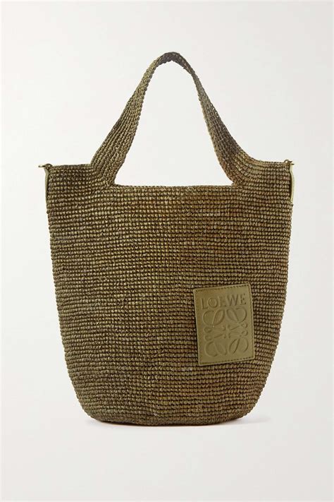 Loewe Paula S Ibiza Slit Leather Trimmed Woven Raffia Tote Green