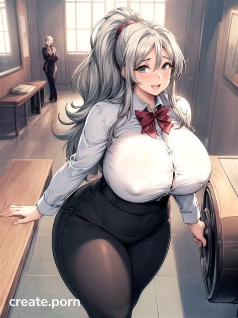 White Hair Ponytail Massive Breast Hentai AI Porn