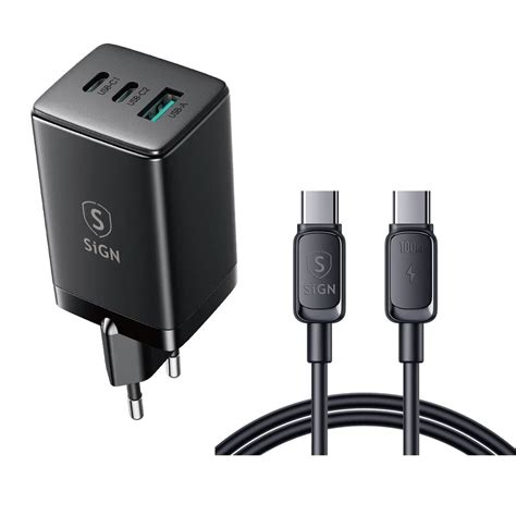 SiGN 65W hurtiglader for bærbar PC 2xUSB C 1xUSB med USB C kabel 2m