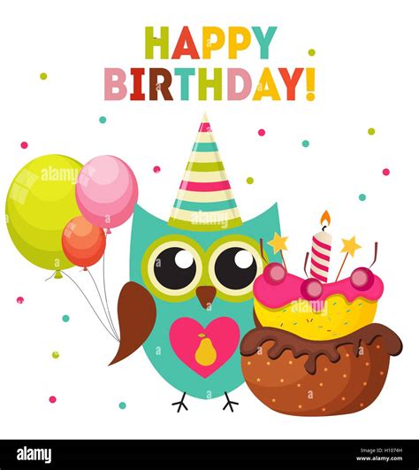 Cute Owl Happy Birthday Background With Balloons And Place For Y Stock