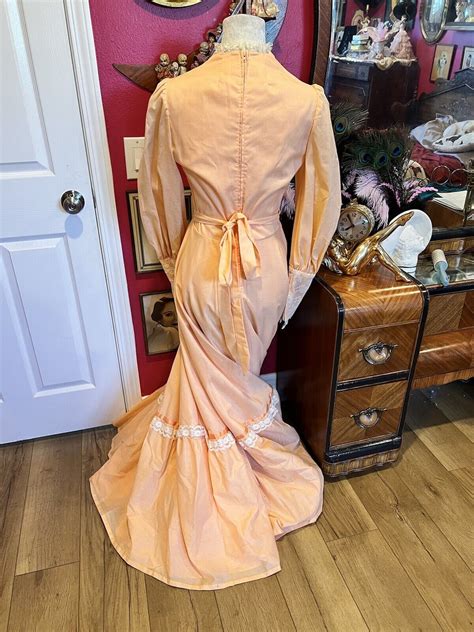 1970s Peach Pink Victorian Lace Floral Lace Up Gunne Sax Style Maxi