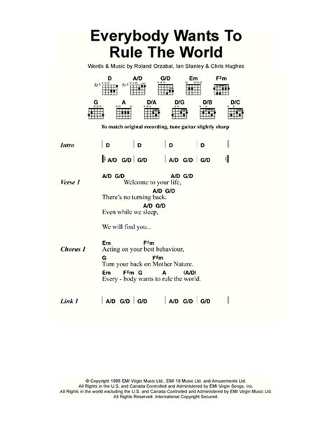 Tears For Fears Everybody Wants To Rule The World Sheet Music Notes