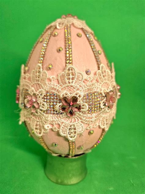 Light Pink Easter Egg With White Lace Ab Rhinestones Pink Jewel