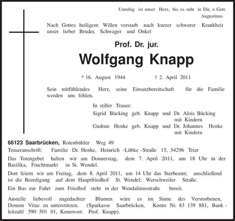 Traueranzeigen Von Wolfgang Knapp Saarbruecker Zeitung Trauer De