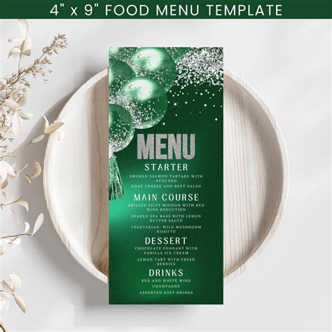 green food menu card table menu balloons birthday menu card men
