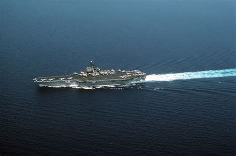 High Oblique View Of The Aircraft Carrier USS Saratoga CV 60 Underway