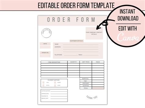 Editable Order Form Template, Printable and Customizable Order Forms, Instant Download - Etsy