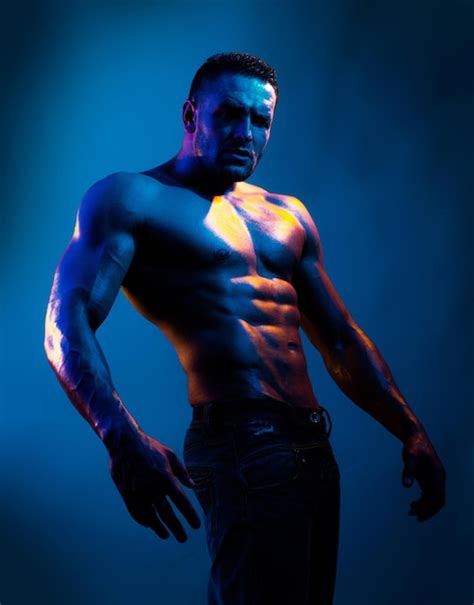 Premium Photo Topless Shirtless Male Model Naked Bodybuilder On Blue