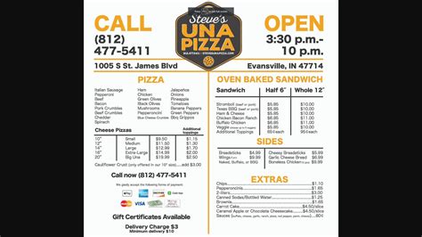 Menu At Steves Una Pizza Pizzeria Evansville S St James Blvd