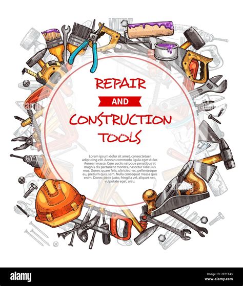 Repair and construction work tools sketch poster. Vector hammer, electric drill or carpentry saw ...