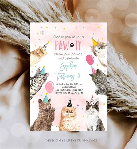 Editable Cat Birthday Party Invitation Kitten Birthday Invite Etsy