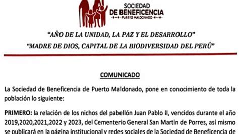 La Sociedad De Beneficencia De Puerto Maldonado Da A Conocer El