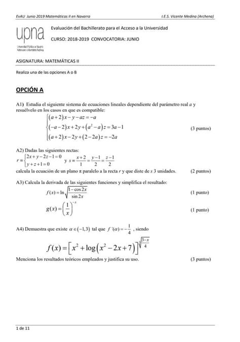 EvAU Matemáticas Navarra Exámenes y Soluciones 2024