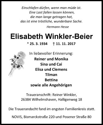 Traueranzeigen Von Elisabeth Winkler Beier Nordwest Trauer De