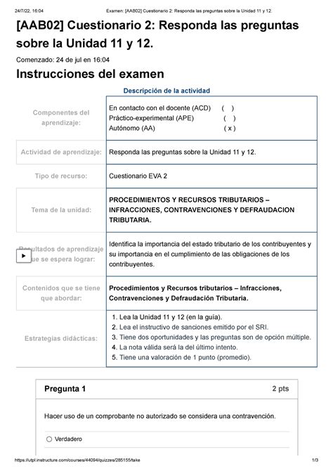 Examen Aab Cuestionario Responda Las Preguntas Sobre La Unidad