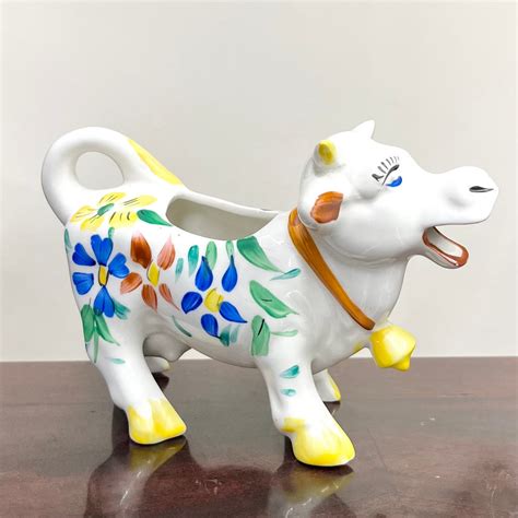 Beautiful Vintage White Hand Painted Floral Cow Shaped Creamer By