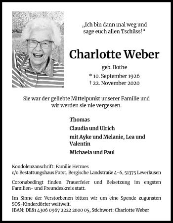 Traueranzeigen Von Charlotte Weber Wirtrauern