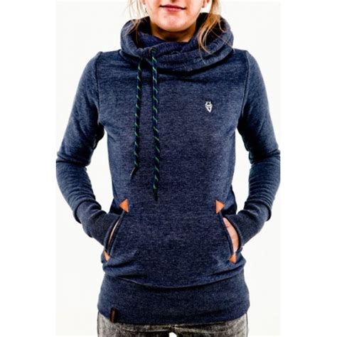 Stylish Hooded Long Sleeve Pocket Design Embroidered Hoodie For Women