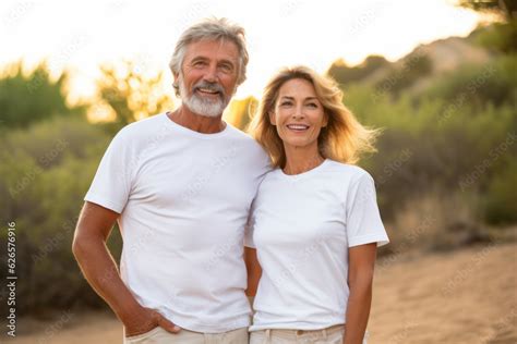 Old Mature Couple With Matching Mockup White T Shirt Mockup Happy