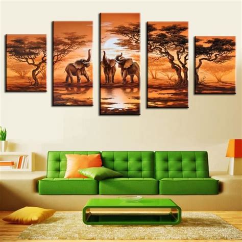 Peinture en toile de 5 pièces Art moderne africain Éléphants Décoration