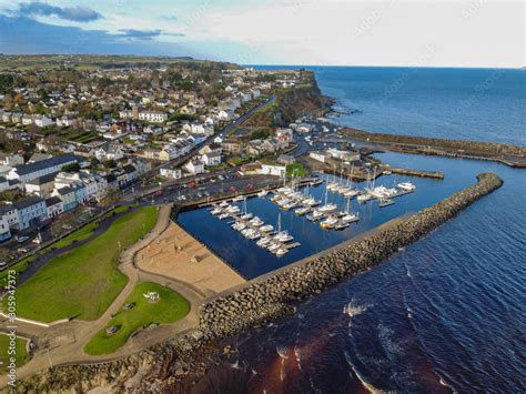 Drone aerial view of Ballycastle Harbour and Marina, Ballycastle, Causeway coastal route, County ...