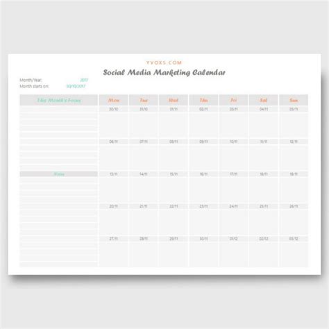 Social Media Marketing Calendar (Excel) | YVOXS