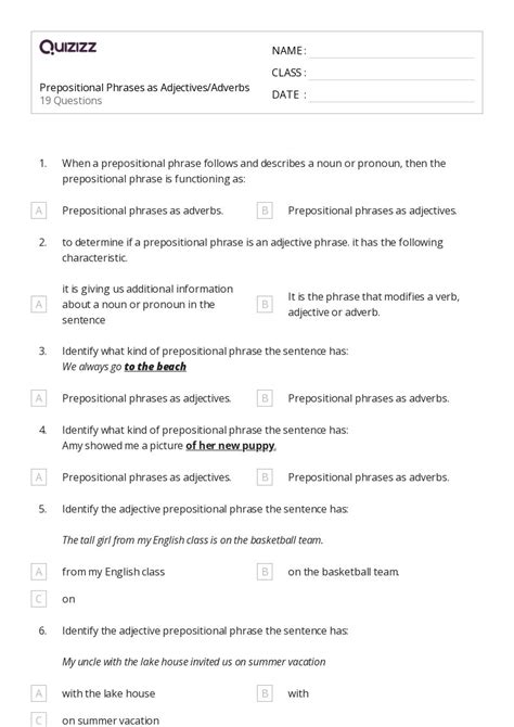 50 Prepositional Phrases Worksheets On Quizizz Free Printable